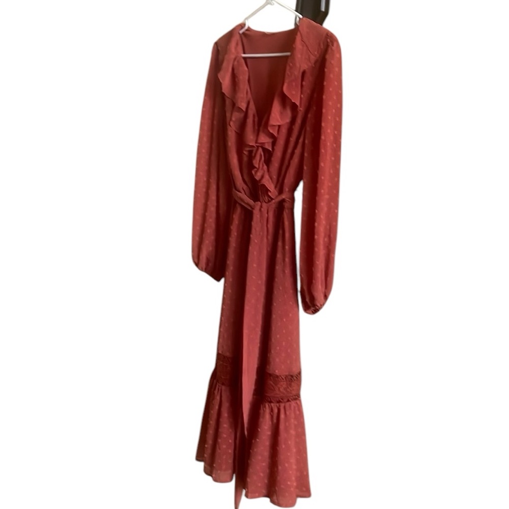 Love Colette Rustic Orange Maxi V Neck Ruffled Dress Size Large